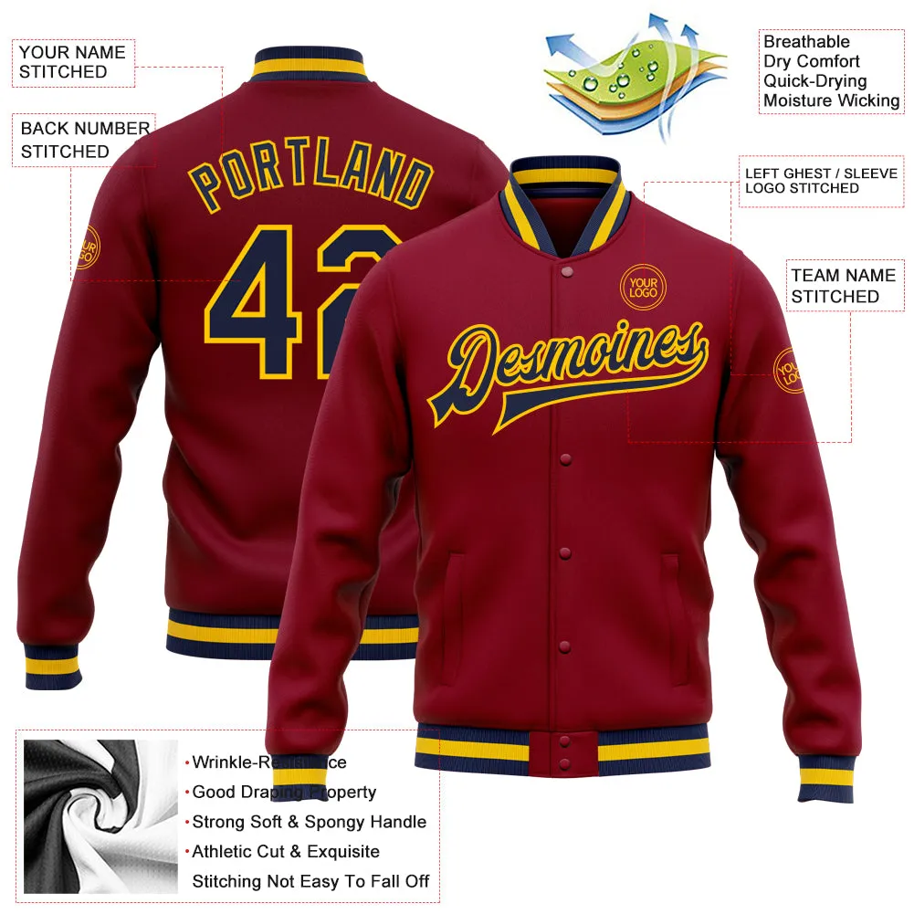 Custom Crimson Navy-Gold Bomber Full-Snap Varsity Letterman Jacket