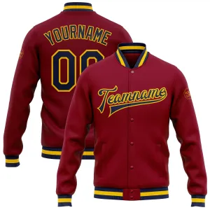 Custom Crimson Navy-Gold Bomber Full-Snap Varsity Letterman Jacket