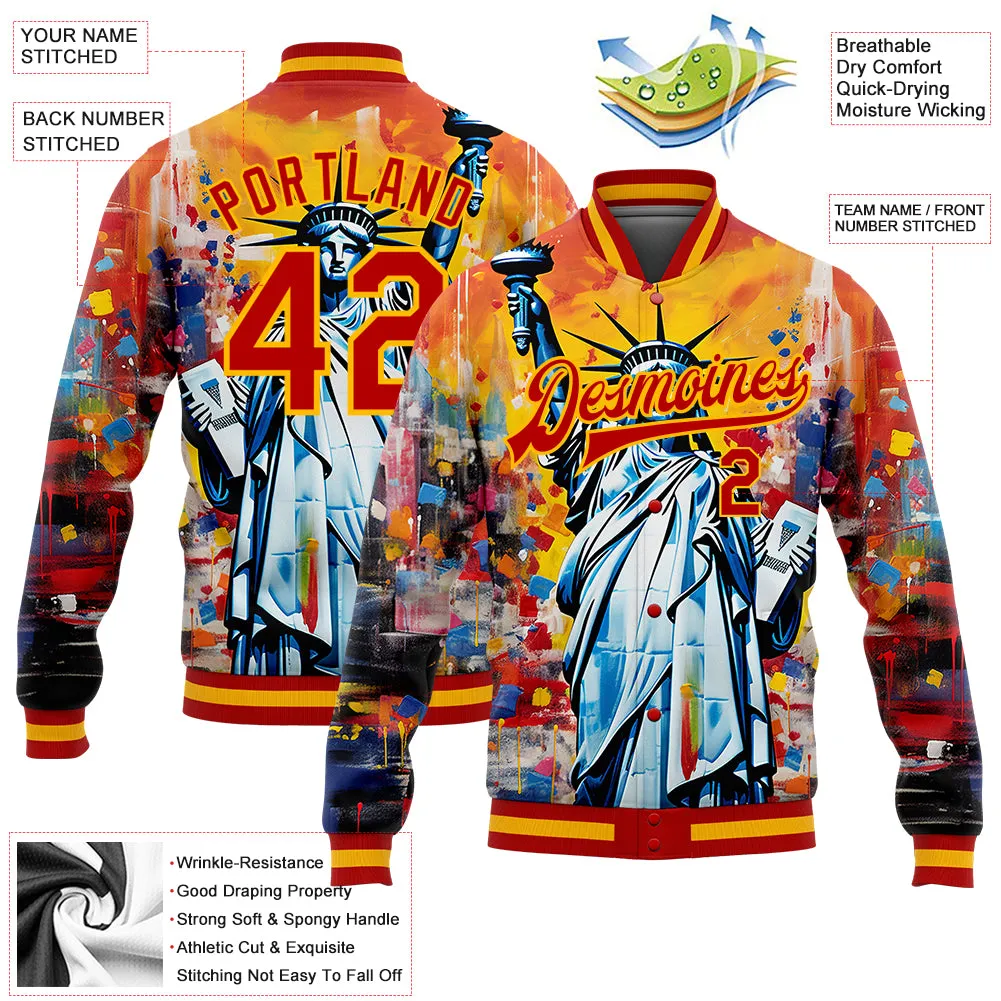 Custom Gold Red Statue of Liberty Independence Day 3D Pattern Design Bomber Full-Snap Varsity Letterman Jacket