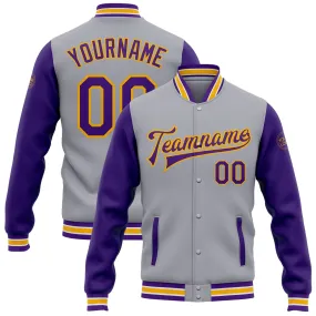 Custom Gray Purple-Gold Bomber Full-Snap Varsity Letterman Two Tone Jacket