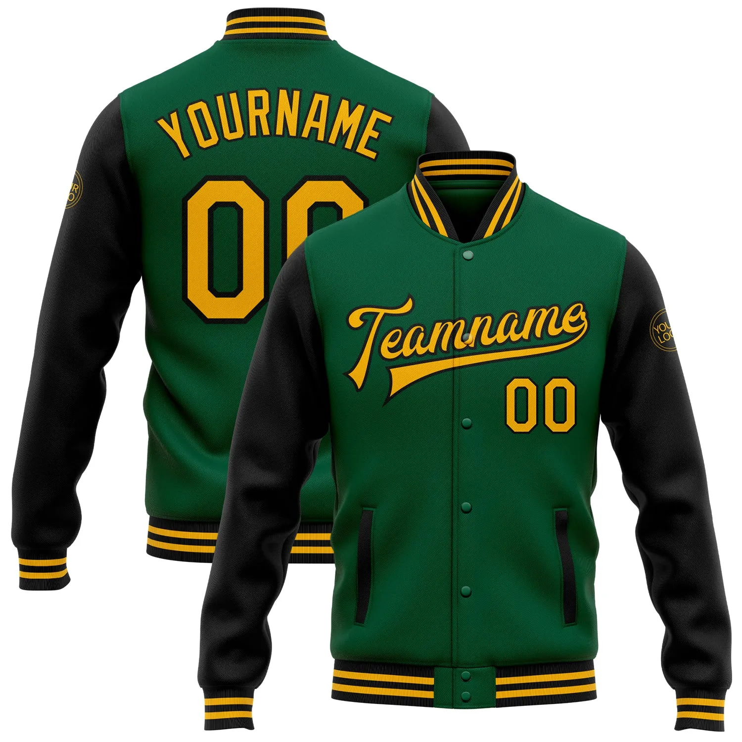 Custom Kelly Green Gold-Black Bomber Full-Snap Varsity Letterman Two Tone Jacket