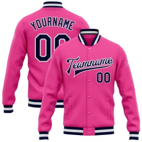 Custom Pink Navy-White Bomber Full-Snap Varsity Letterman Jacket