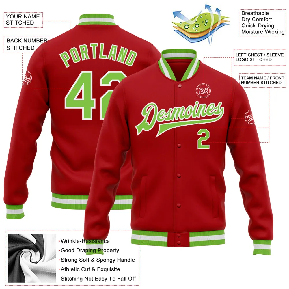 Custom Red Neon Green-White Bomber Full-Snap Varsity Letterman Jacket