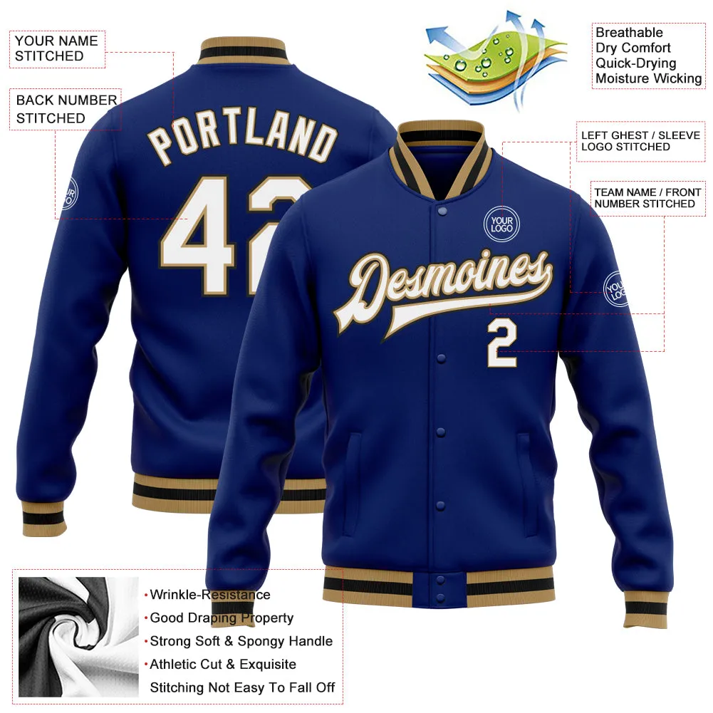 Custom Royal White Old Gold-Black Bomber Full-Snap Varsity Letterman Jacket