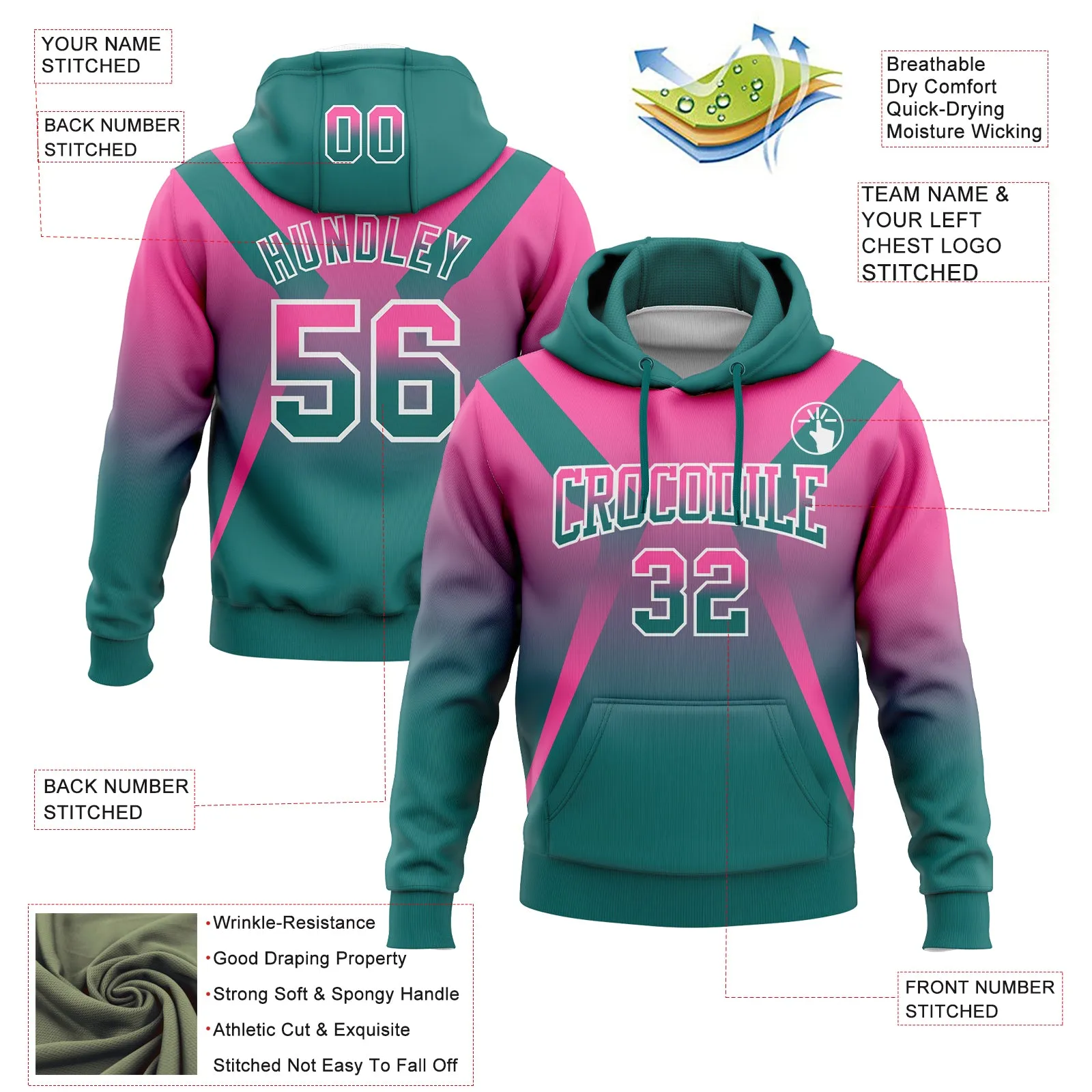 Custom Stitched Pink Teal-White Fade Fashion Arrow Sports Pullover Sweatshirt Hoodie