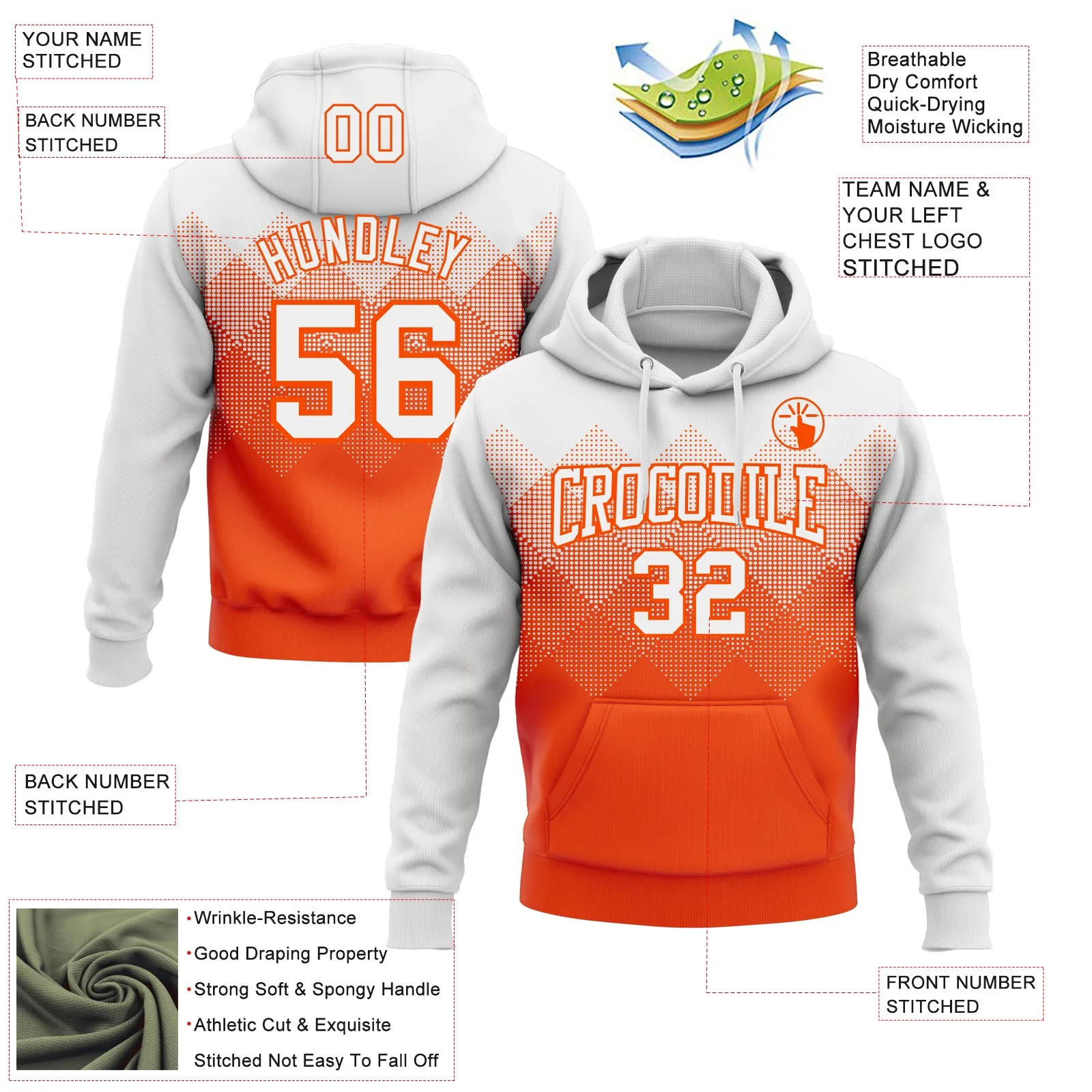 Custom Stitched White Orange 3D Pattern Design Gradient Square Shape Sports Pullover Sweatshirt Hoodie