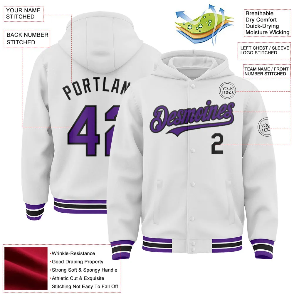 Custom White Purple-Black Bomber Full-Snap Varsity Letterman Hoodie Jacket