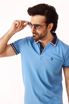 Cyan Blue Contrast Embroidered Polo Shirt - S22 - MP0072R