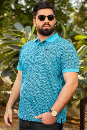 Cyan Blue Printed Polo Shirt (Plus size) - A24 - MP0251P