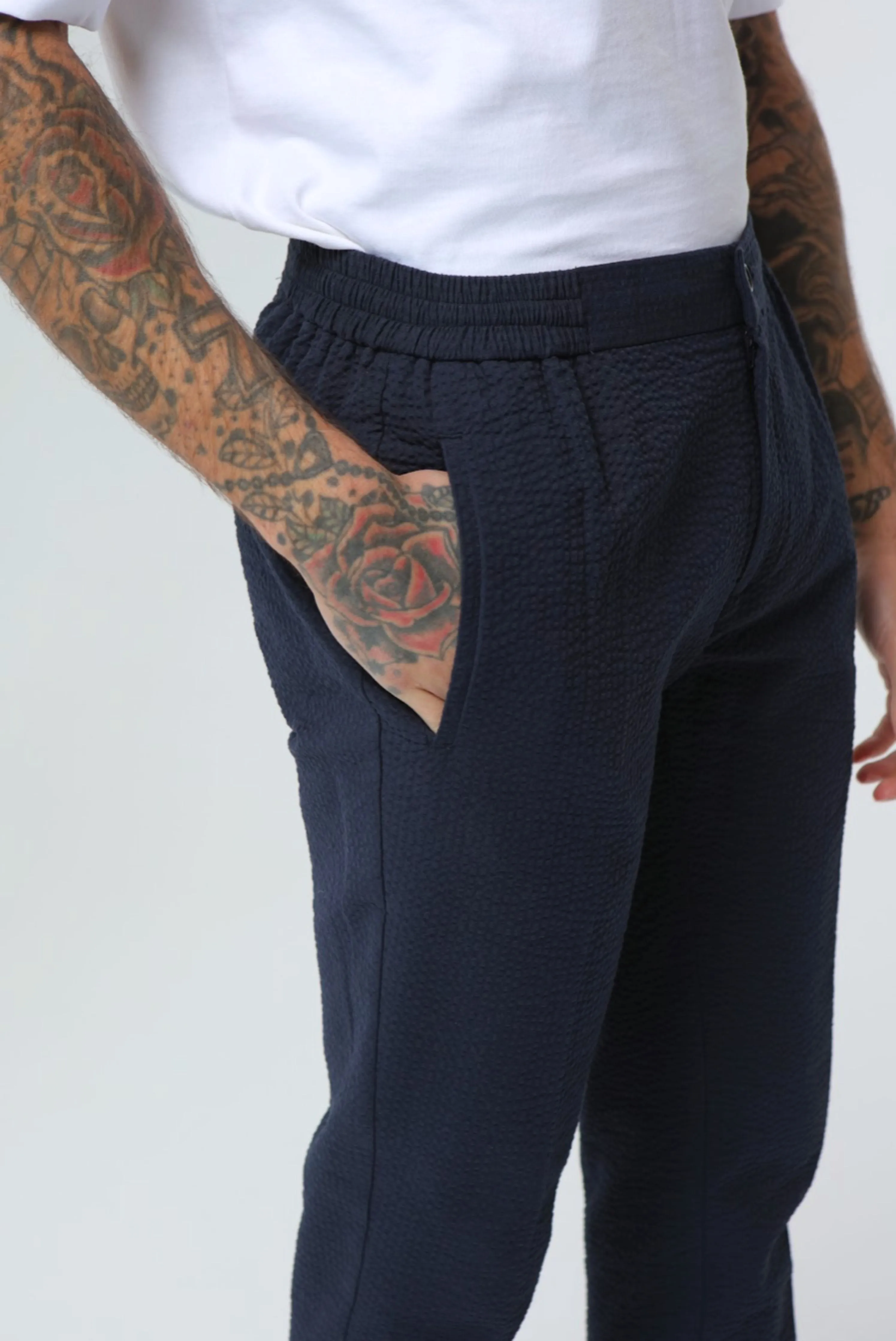 DEAKIN Cotton Linen Seersucker Trouser Navy