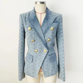 Denim Blue Blazer with Maze Pattern Golden Buttons