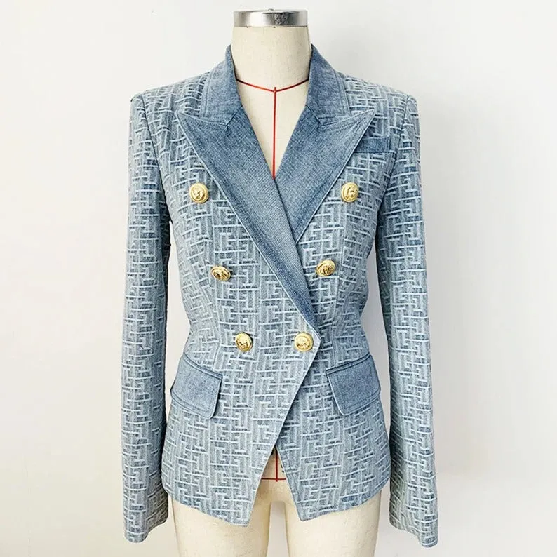 Denim Blue Blazer with Maze Pattern Golden Buttons