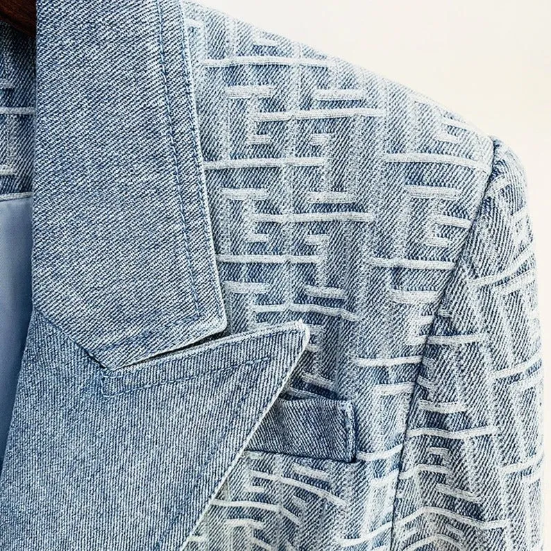 Denim Blue Blazer with Maze Pattern Golden Buttons