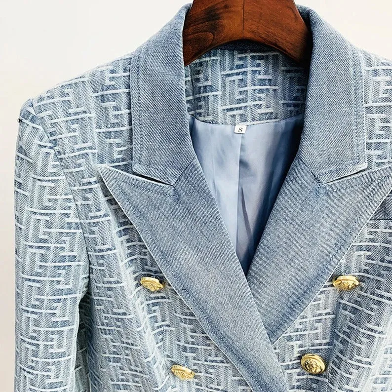 Denim Blue Blazer with Maze Pattern Golden Buttons