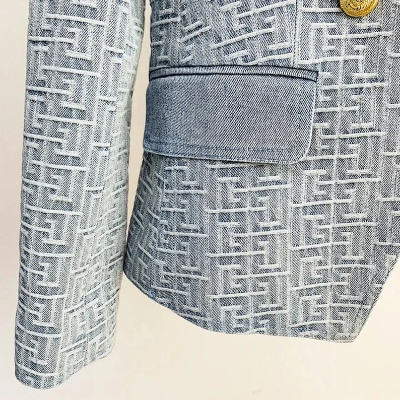 Denim Blue Blazer with Maze Pattern Golden Buttons