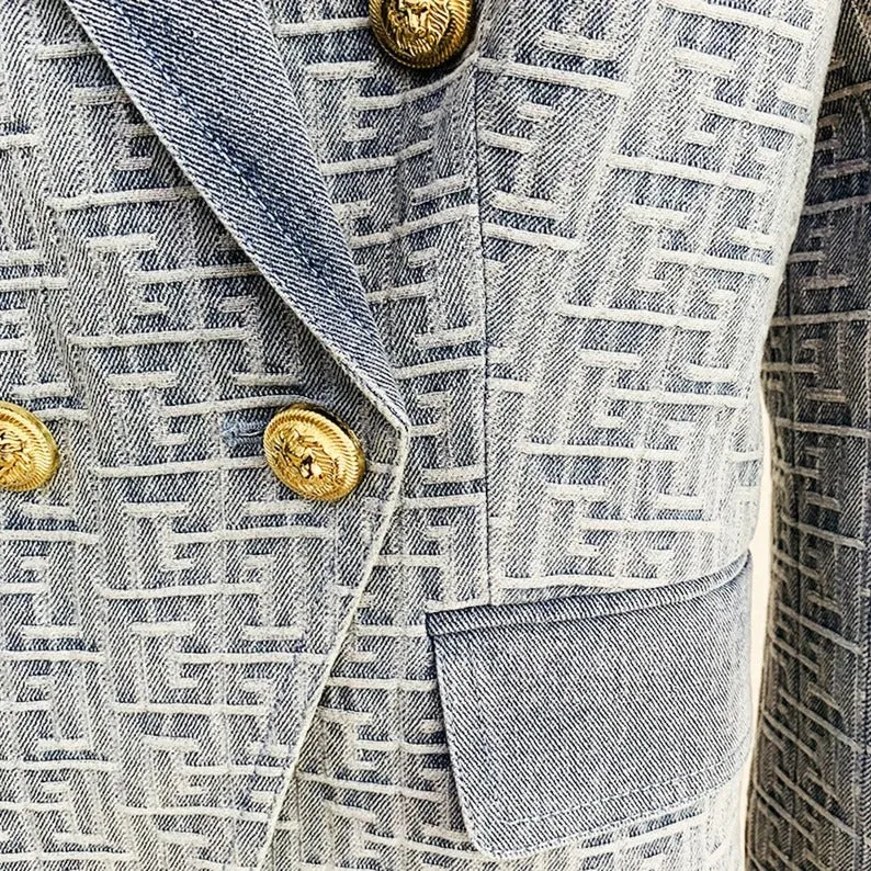 Denim Blue Blazer with Maze Pattern Golden Buttons