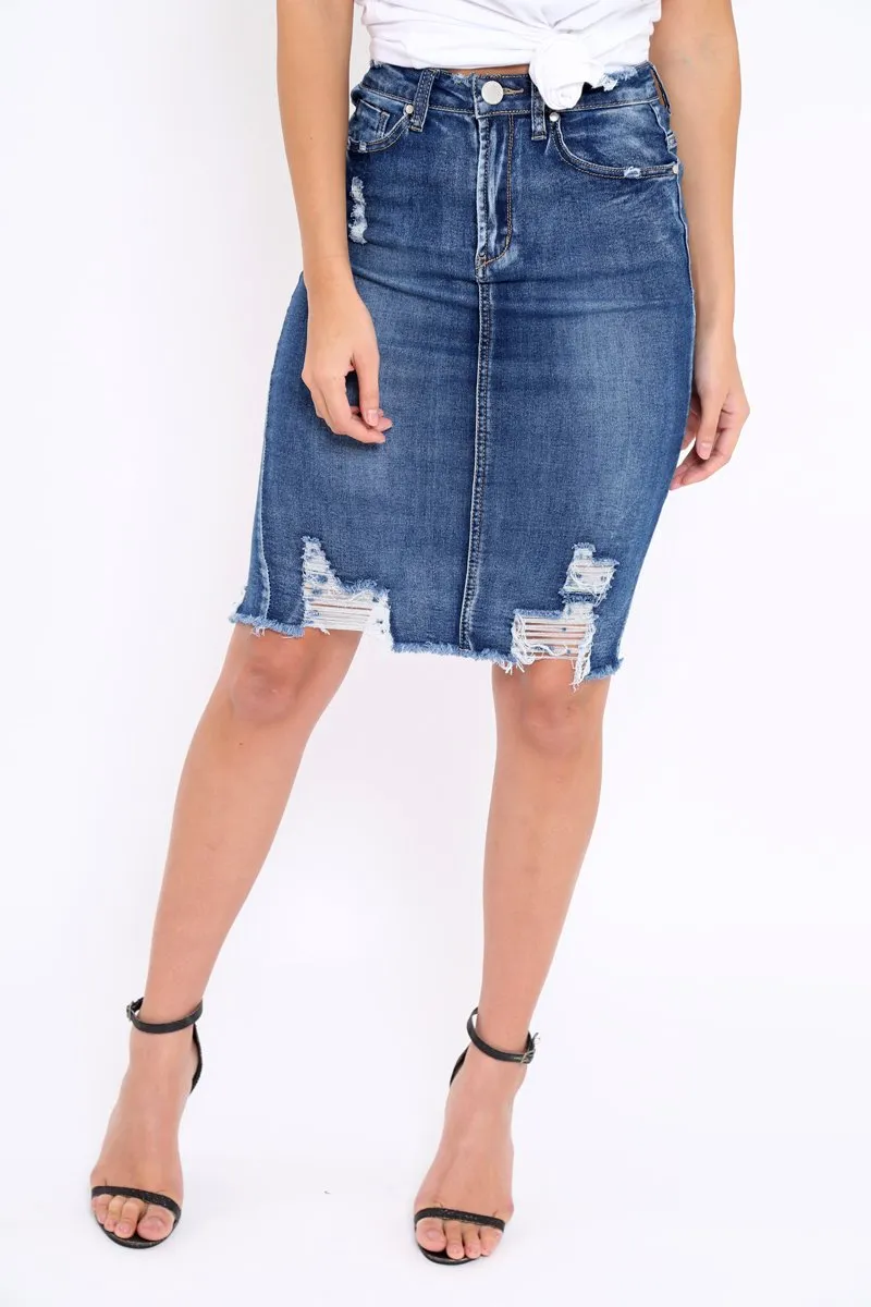 Denim Distressed Midi Skirt - Diana