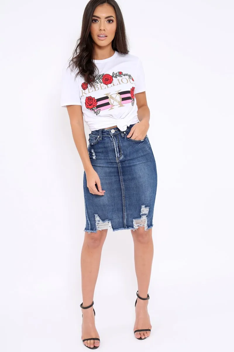 Denim Distressed Midi Skirt - Diana