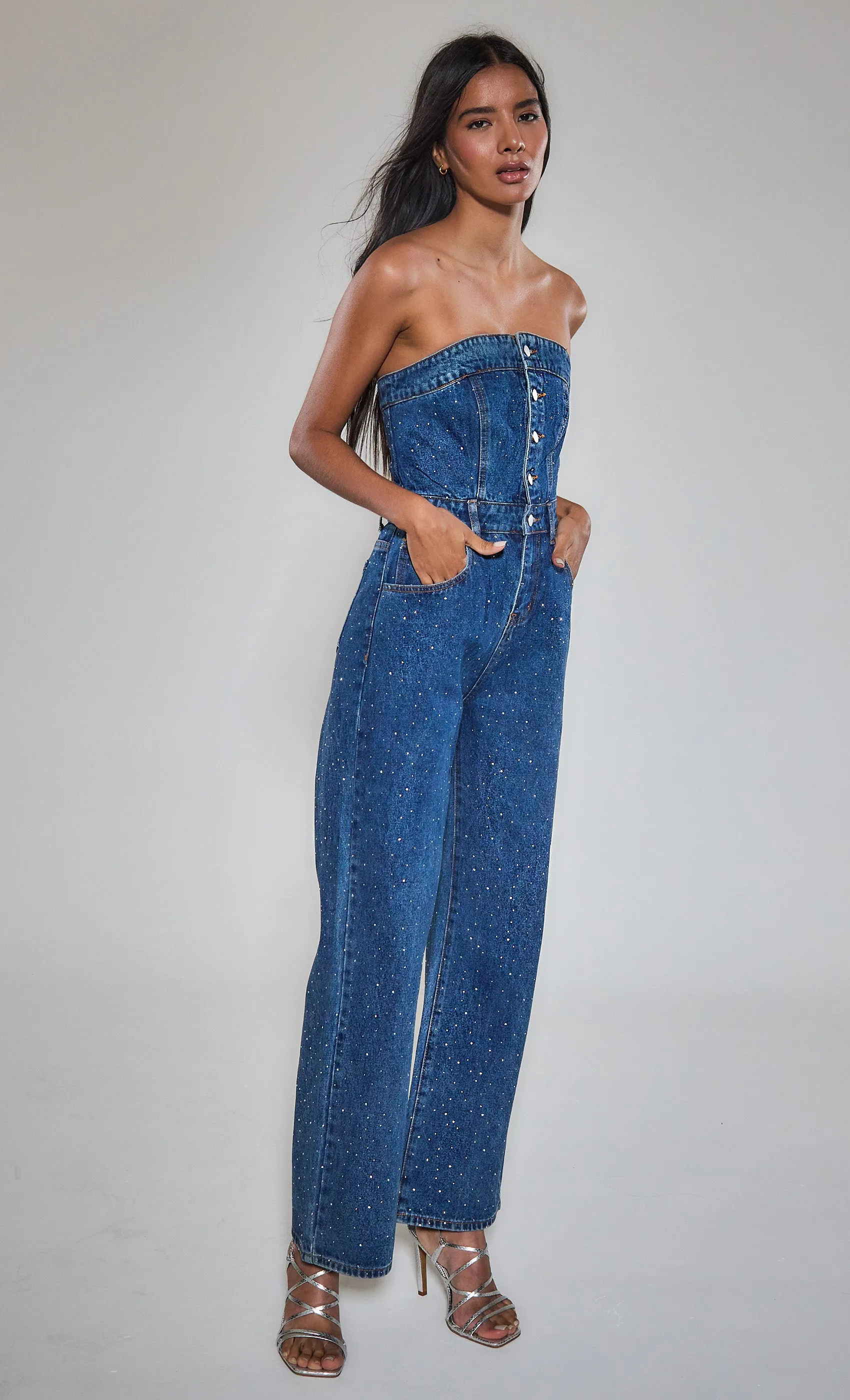 Diamante Denim Bandeau Jumpsuit