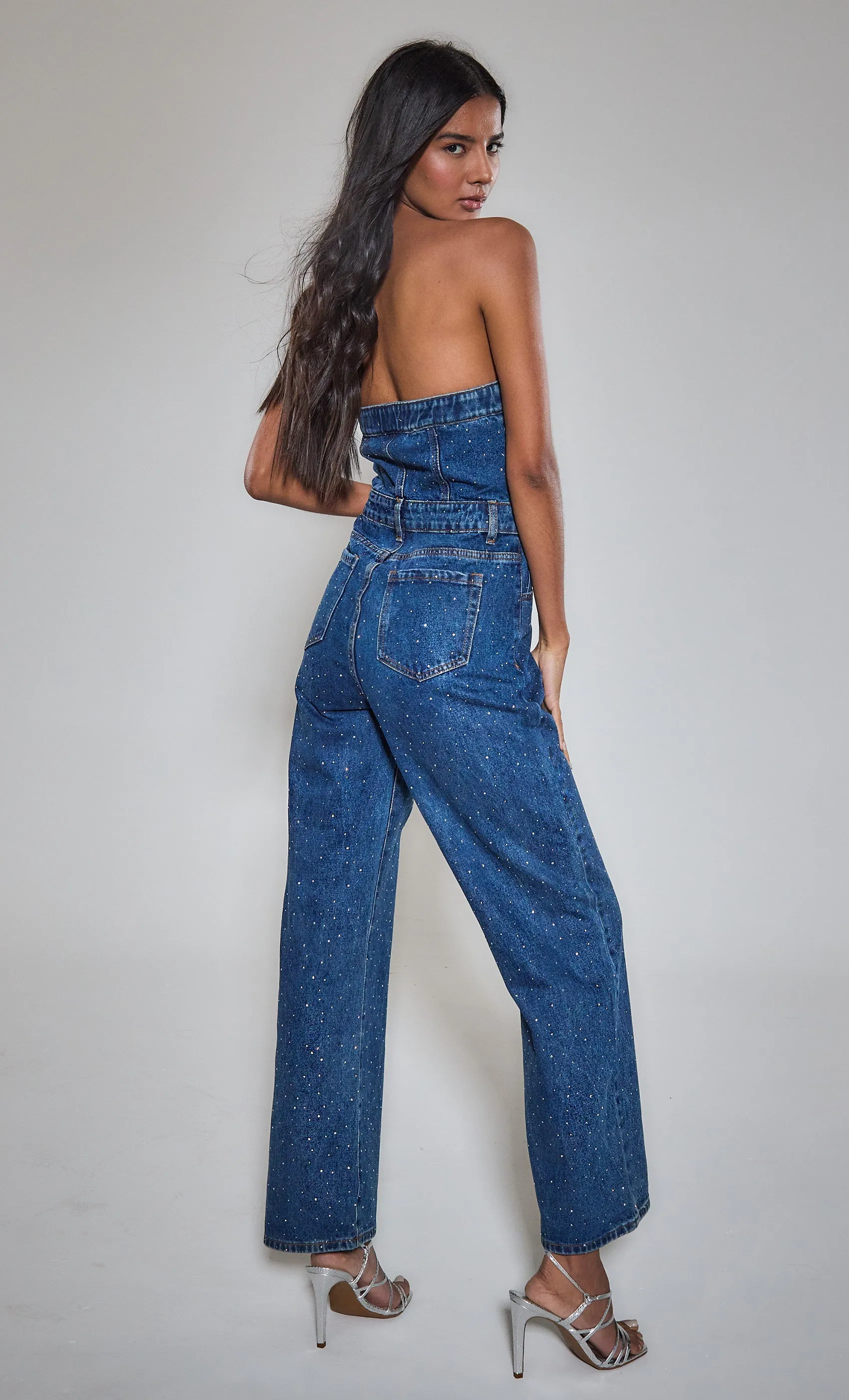 Diamante Denim Bandeau Jumpsuit