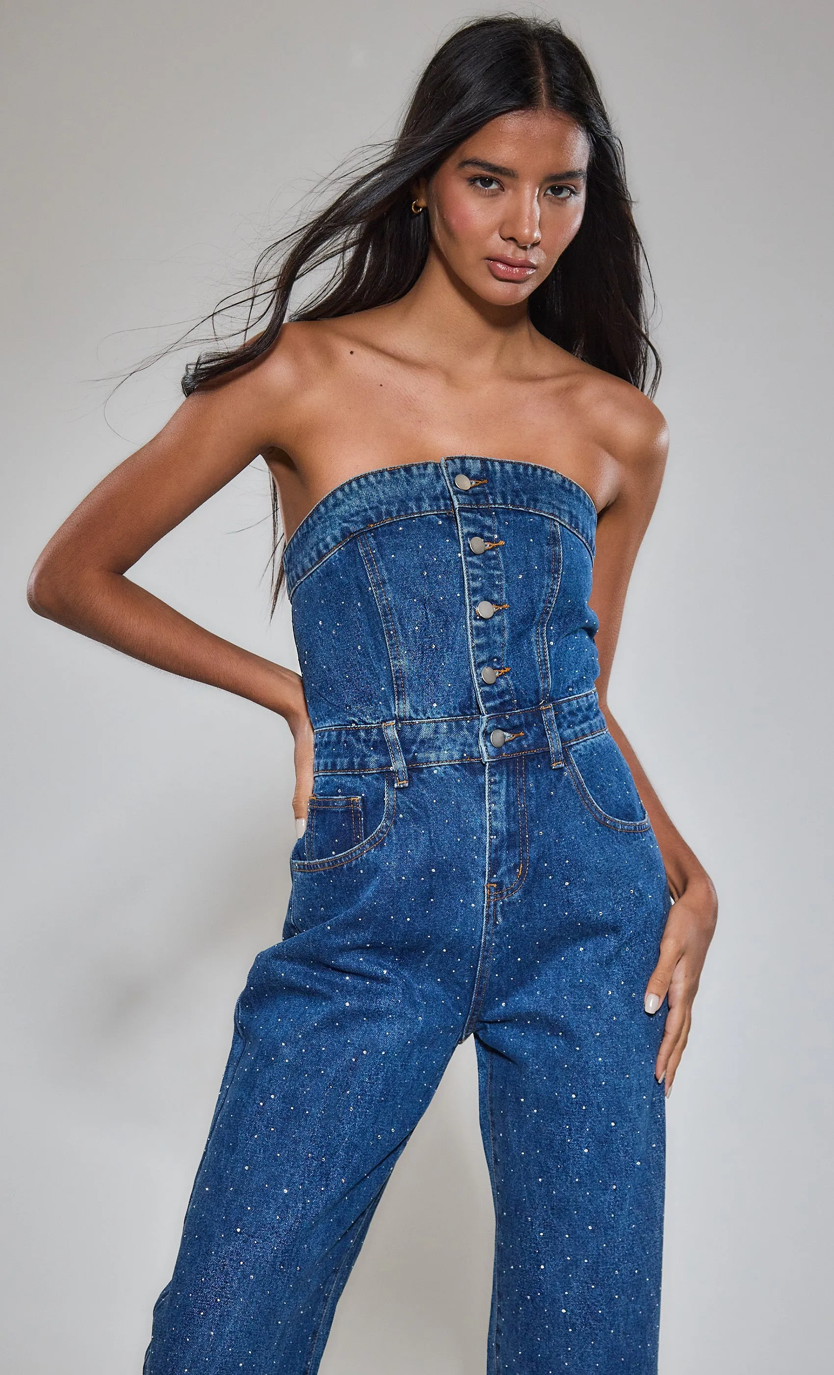 Diamante Denim Bandeau Jumpsuit