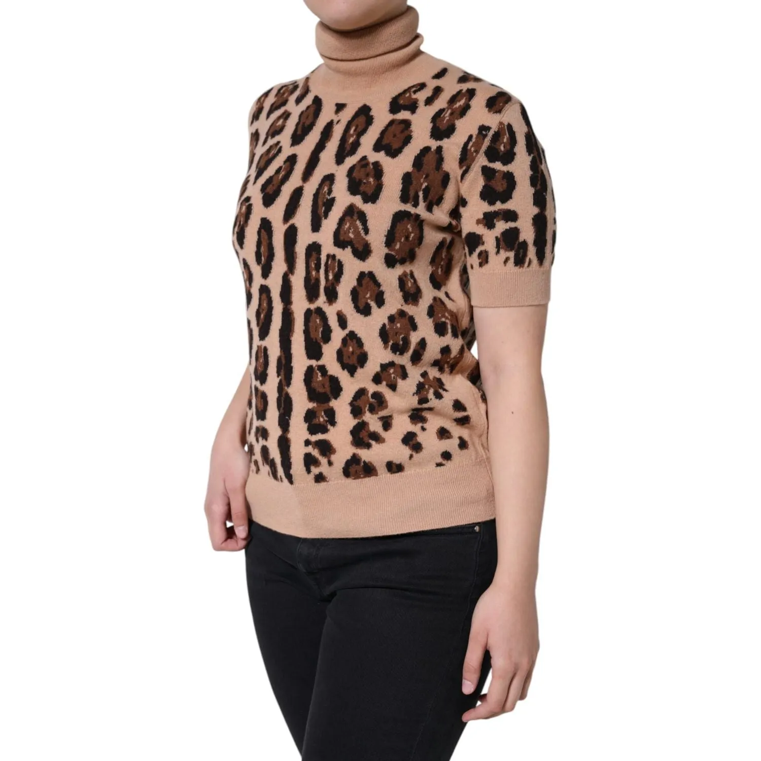 Dolce & Gabbana Beige Leopard Print Wool Turtleneck Top