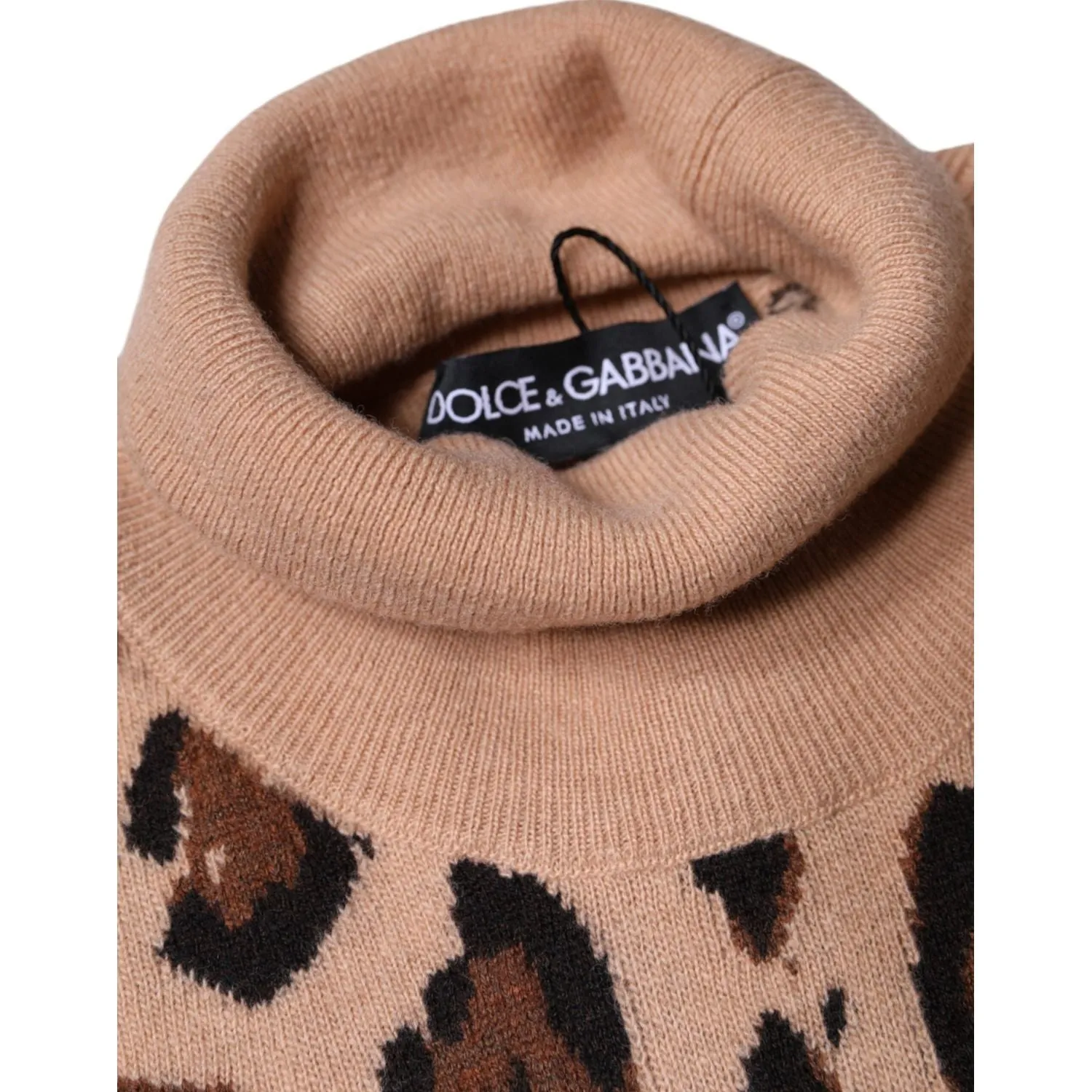 Dolce & Gabbana Beige Leopard Print Wool Turtleneck Top