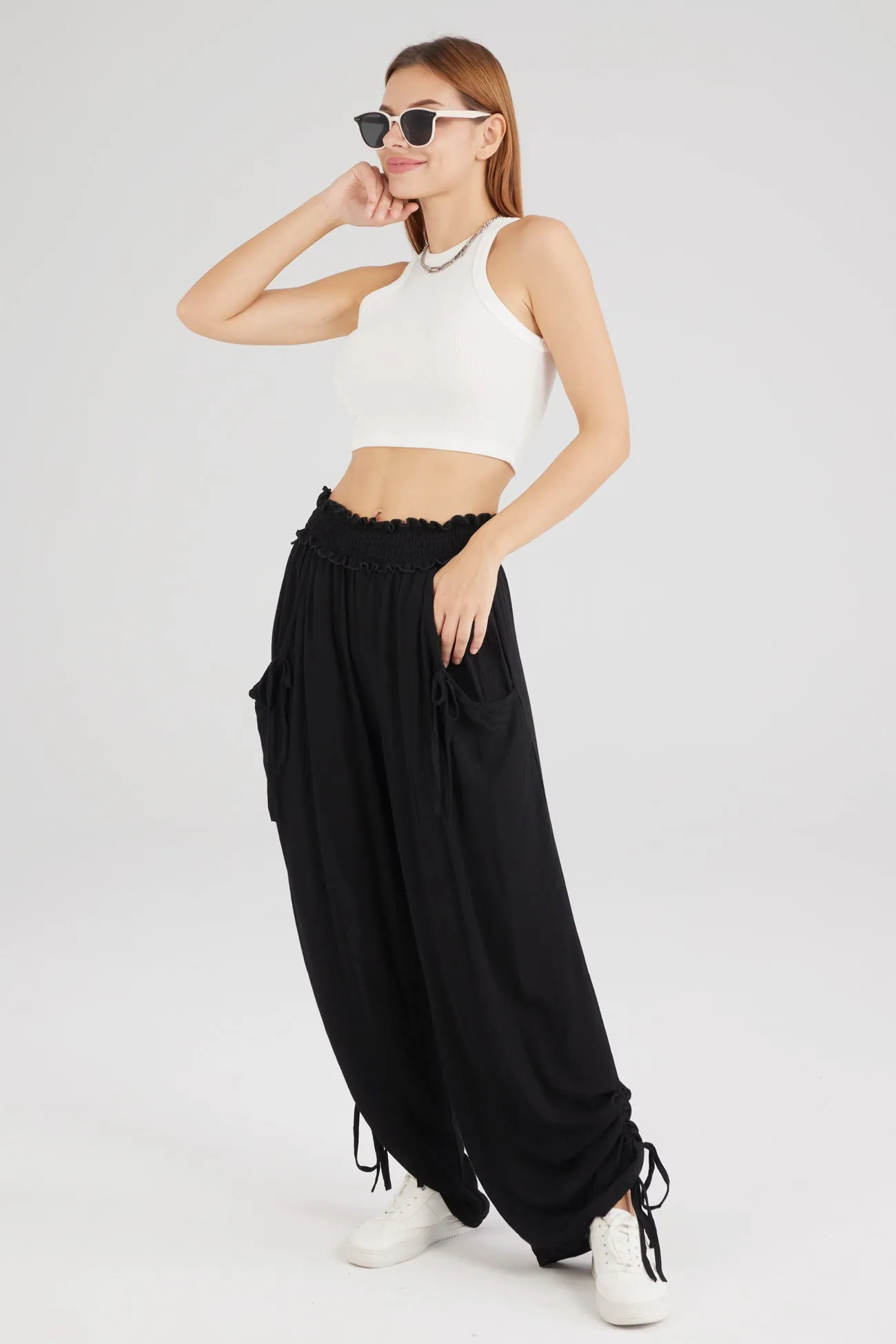 Drawstring Shirred Waist Wide Leg Trousers