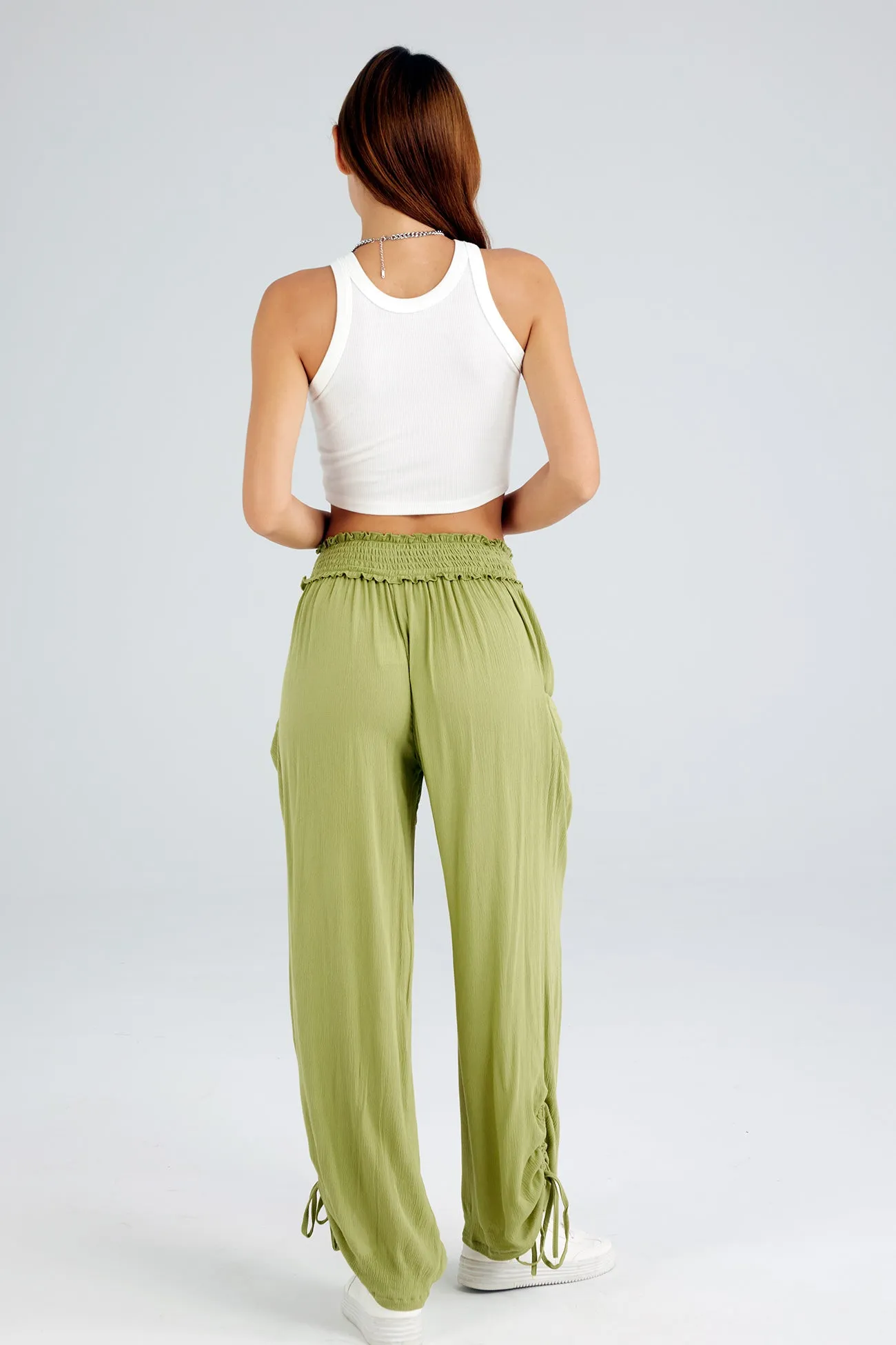 Drawstring Shirred Waist Wide Leg Trousers