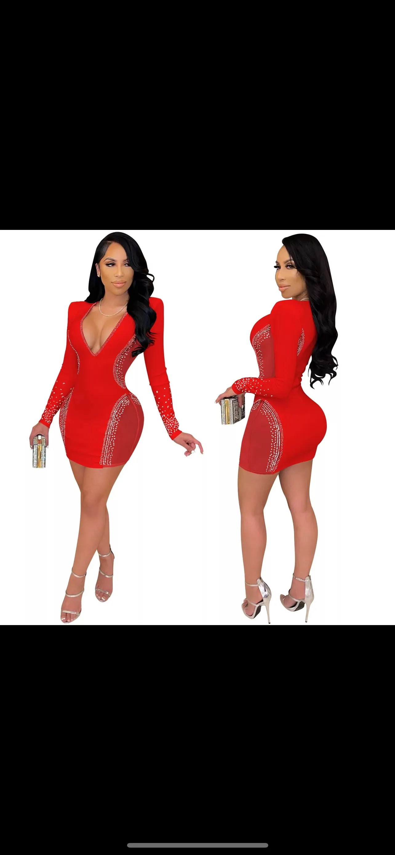 Embellished Mesh Cutout V-Neck Bodycon Mini Dress