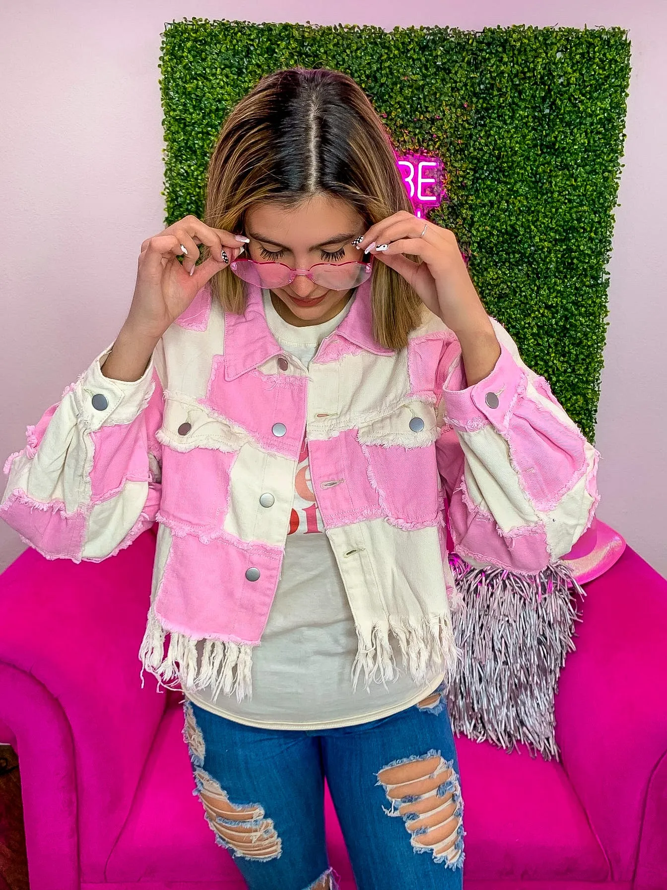 Escape The Ordinary Pink Frayed Denim Shacket