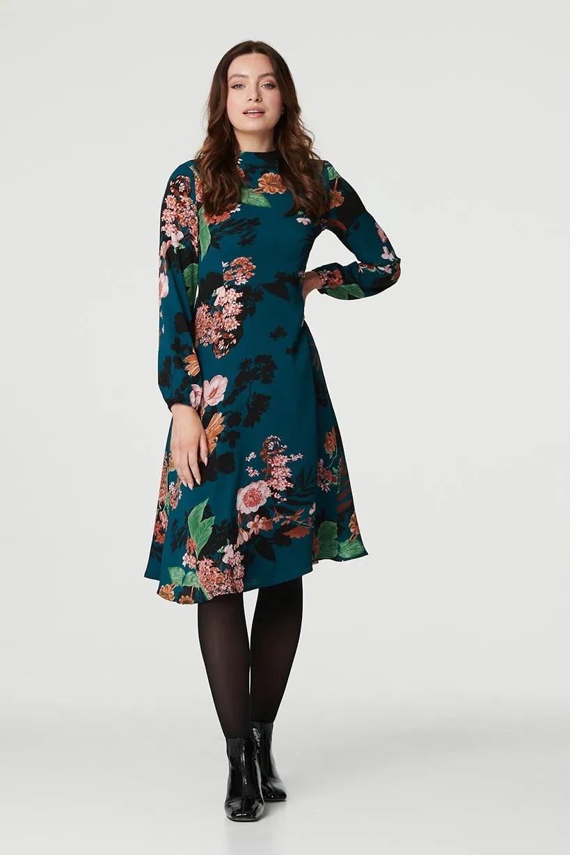 Floral High Neck Midi Dress