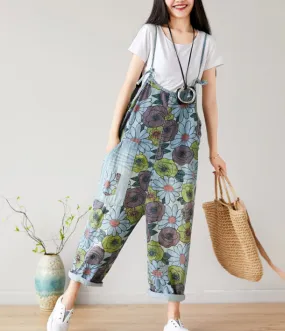 Floral Loose Denim Casual Spring Denim Overall Women Jumpsuits  QYCQ27