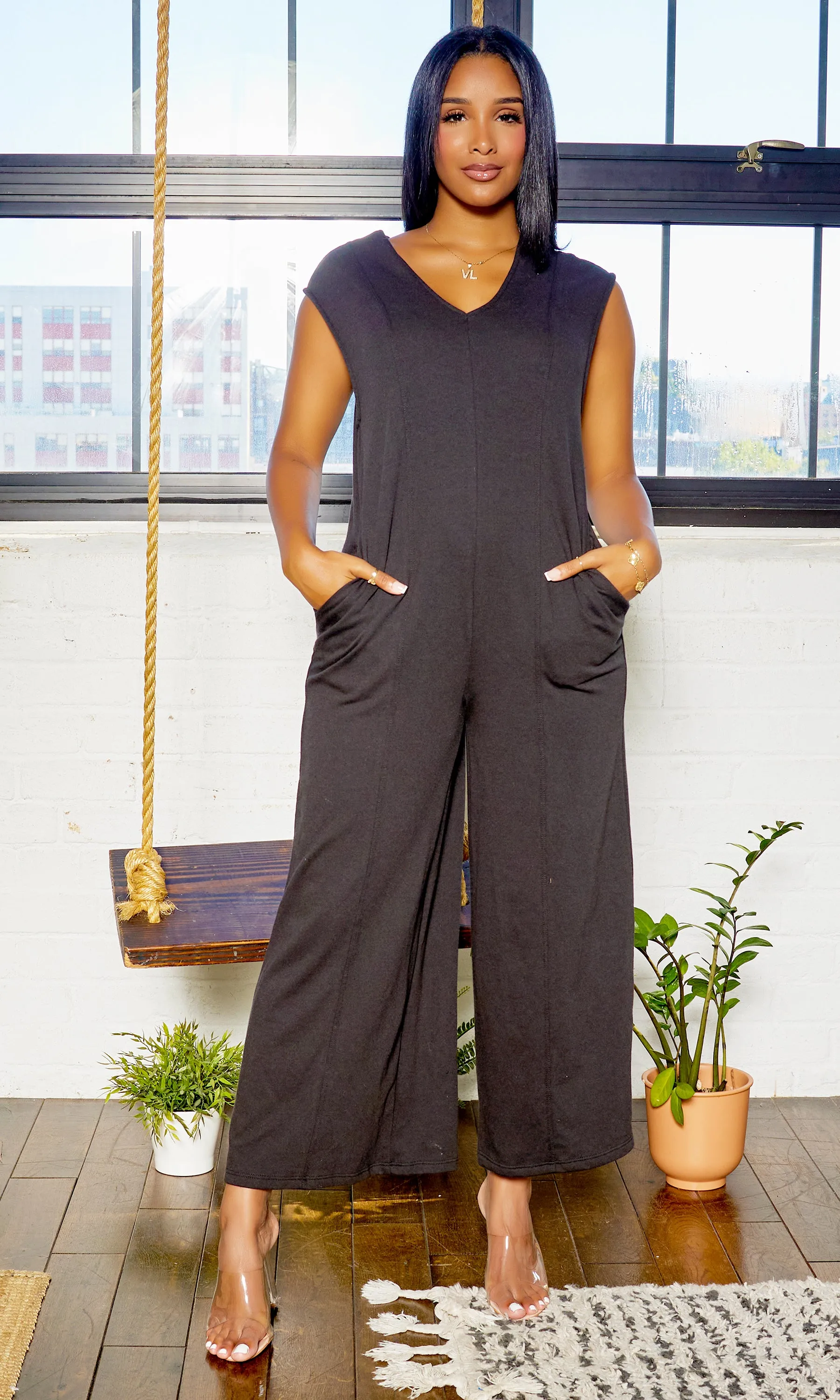 French Terry V Neck Wide Leg Jumpsuit - Black