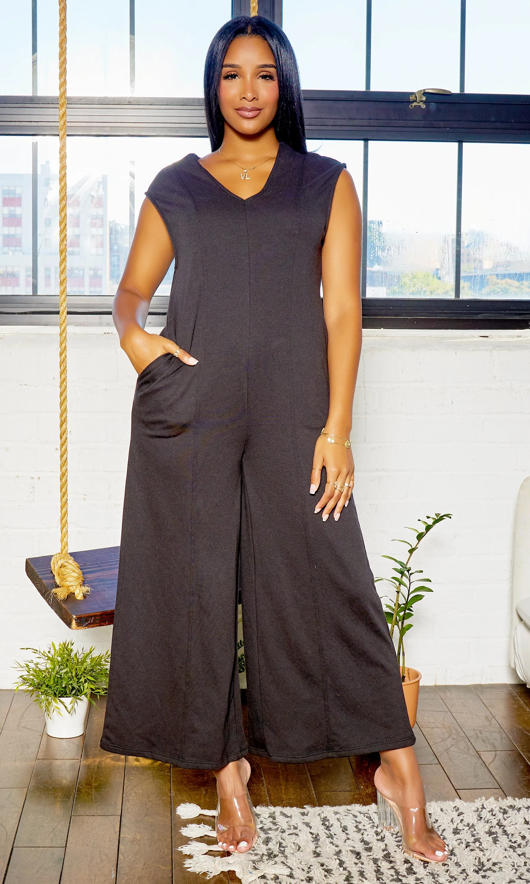 French Terry V Neck Wide Leg Jumpsuit - Black