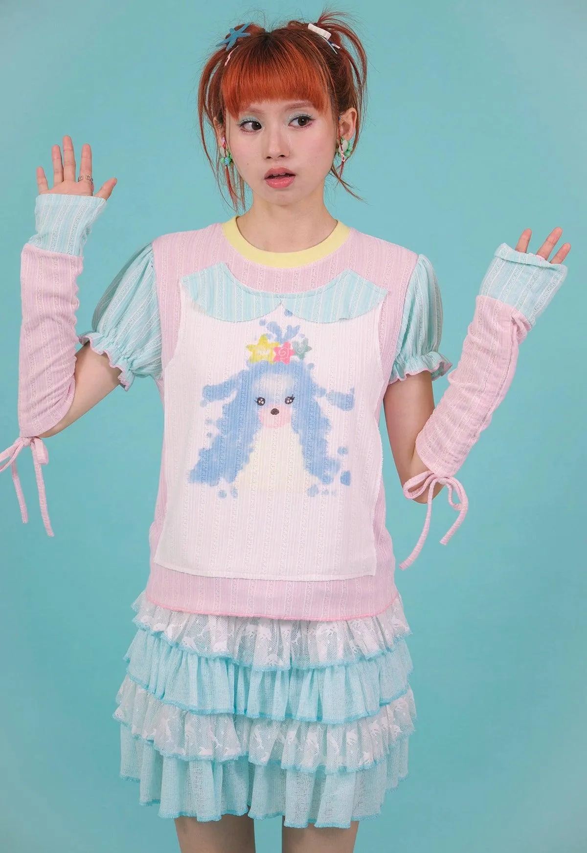 Frufru Pastel Puppy Graphic Tee Set - Girls' Puff Sleeve Top With Detachable Arm Warmers