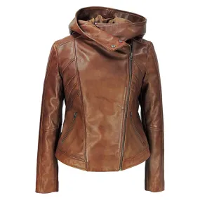 Genuine Leathers Women Real Lambskin Leather Biker Hooded Jacket