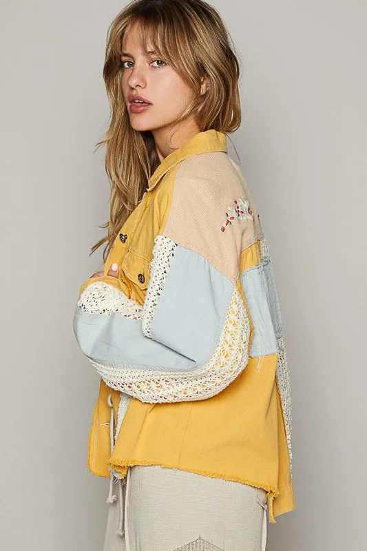 Ginkgo Yellow Oversize Long Sleeve Crochet Embroidery Shacket