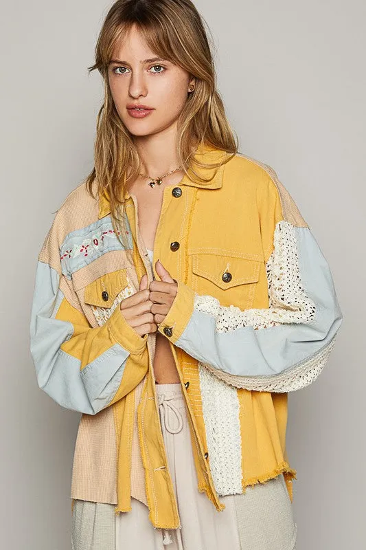 Ginkgo Yellow Oversize Long Sleeve Crochet Embroidery Shacket