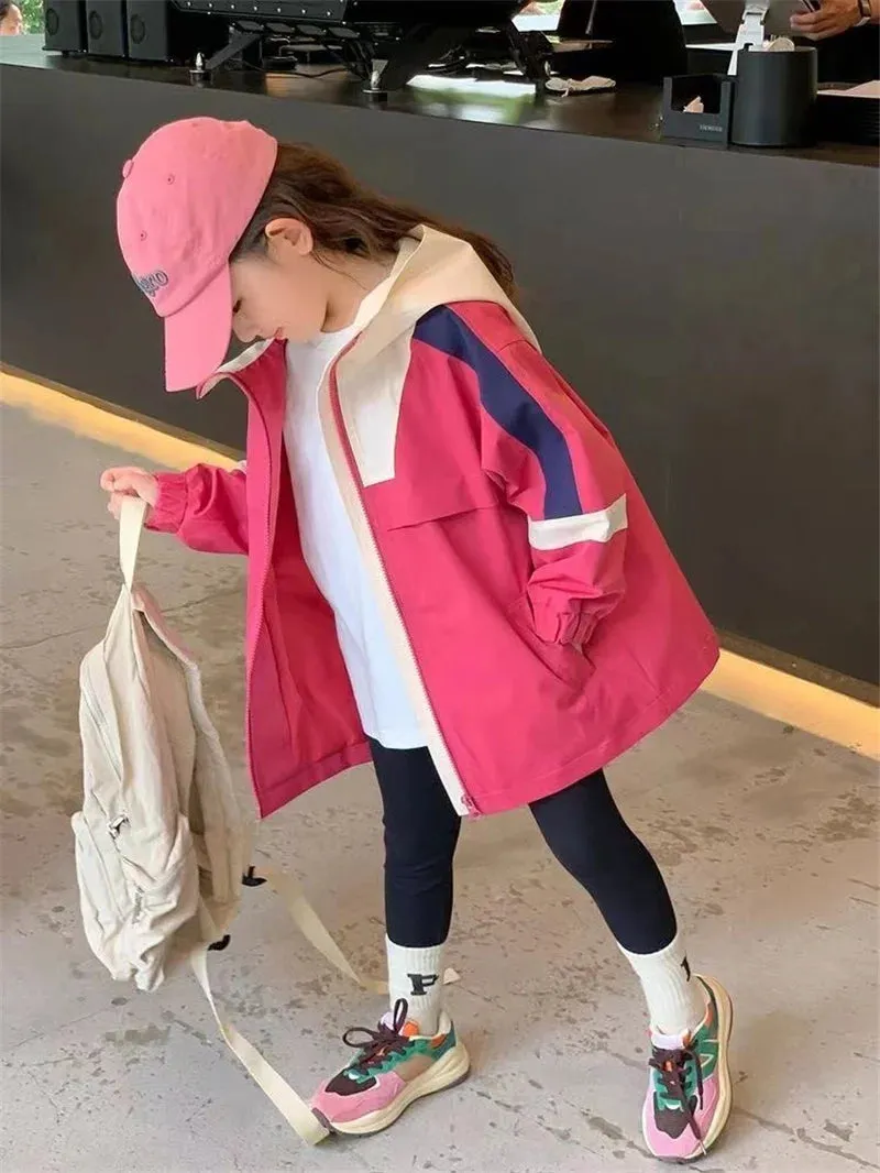 Girl Punching Jackets Spring Autumn Big Kids Hooded Windbreaker Cardigan Coats Children Clothes Casual Sportwear Outerwear 4-12Y