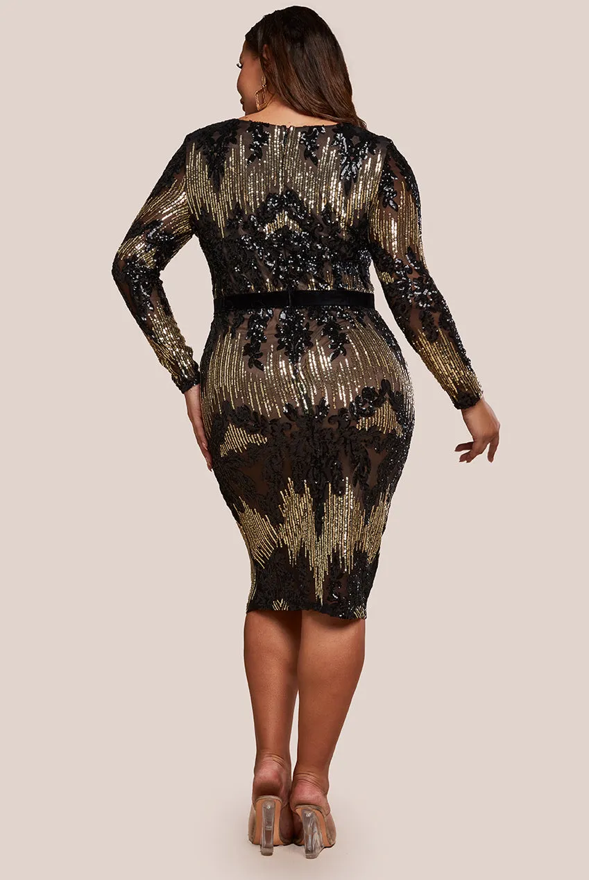 Goddiva Plus Long Sleeve Sequin Party Midi Dress - Black