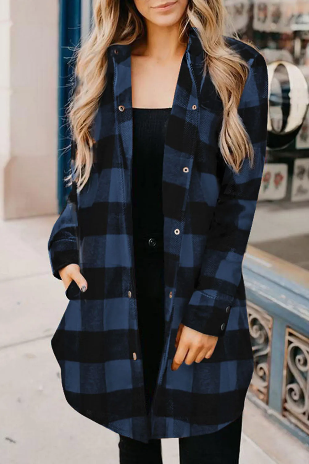 Green Turn-down Collar Plaid Shirt Coat