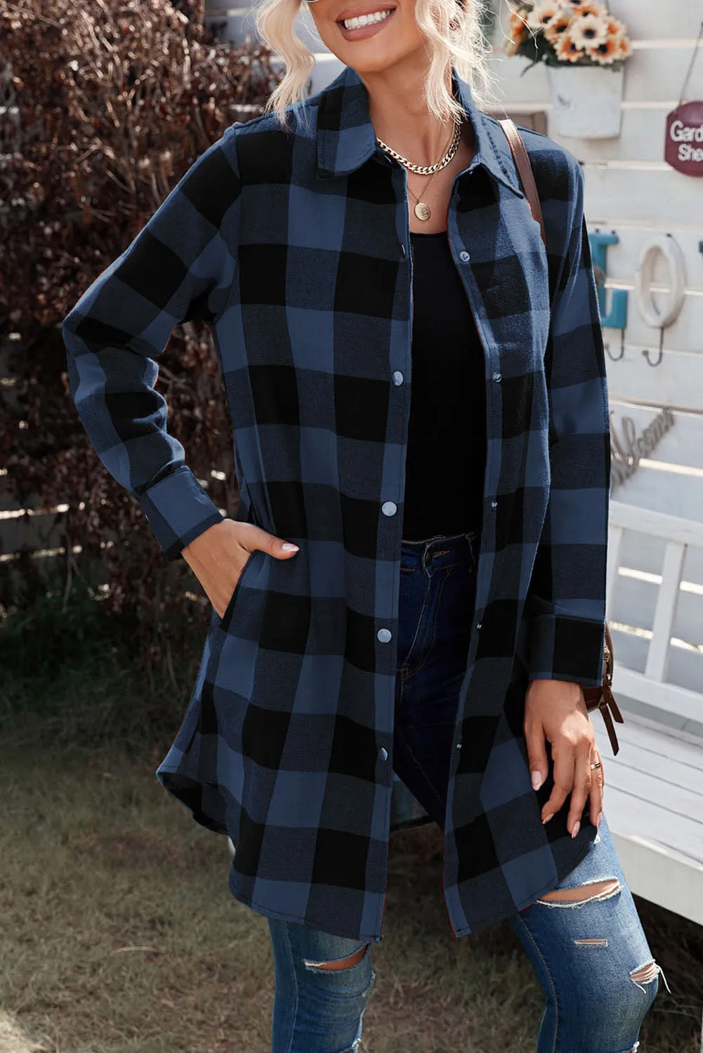 Green Turn-down Collar Plaid Shirt Coat