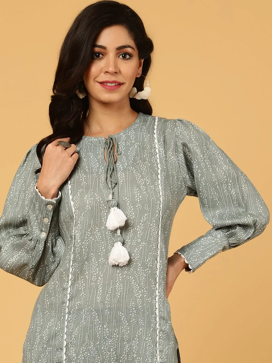 Grey Abstract Printed Straight Kurta With Pants