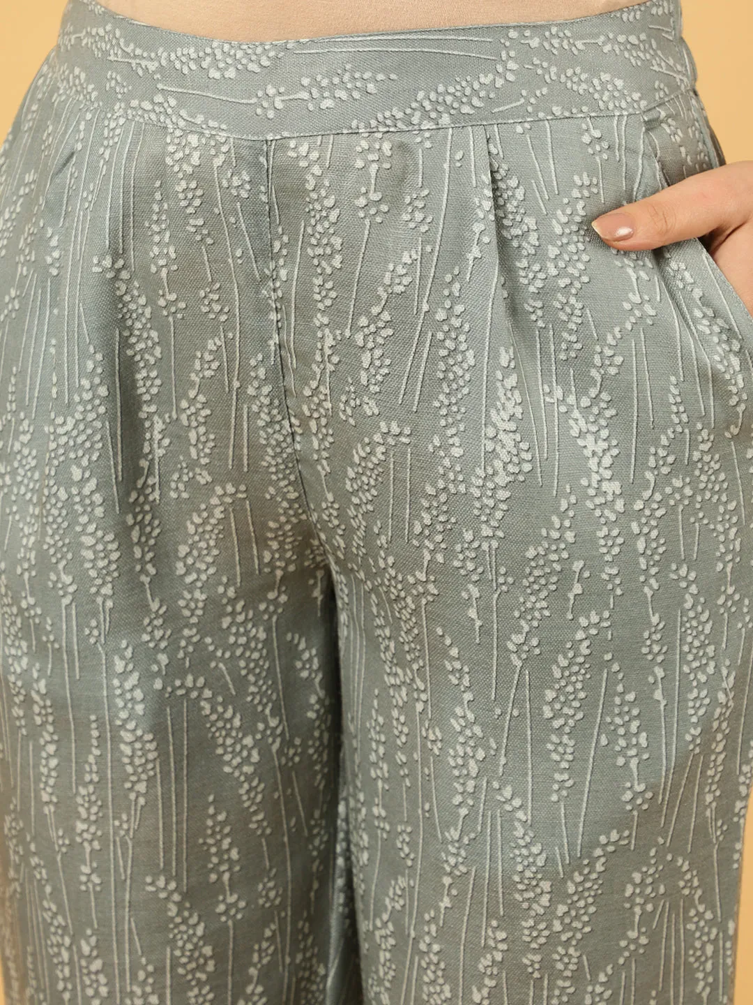 Grey Abstract Printed Straight Kurta With Pants