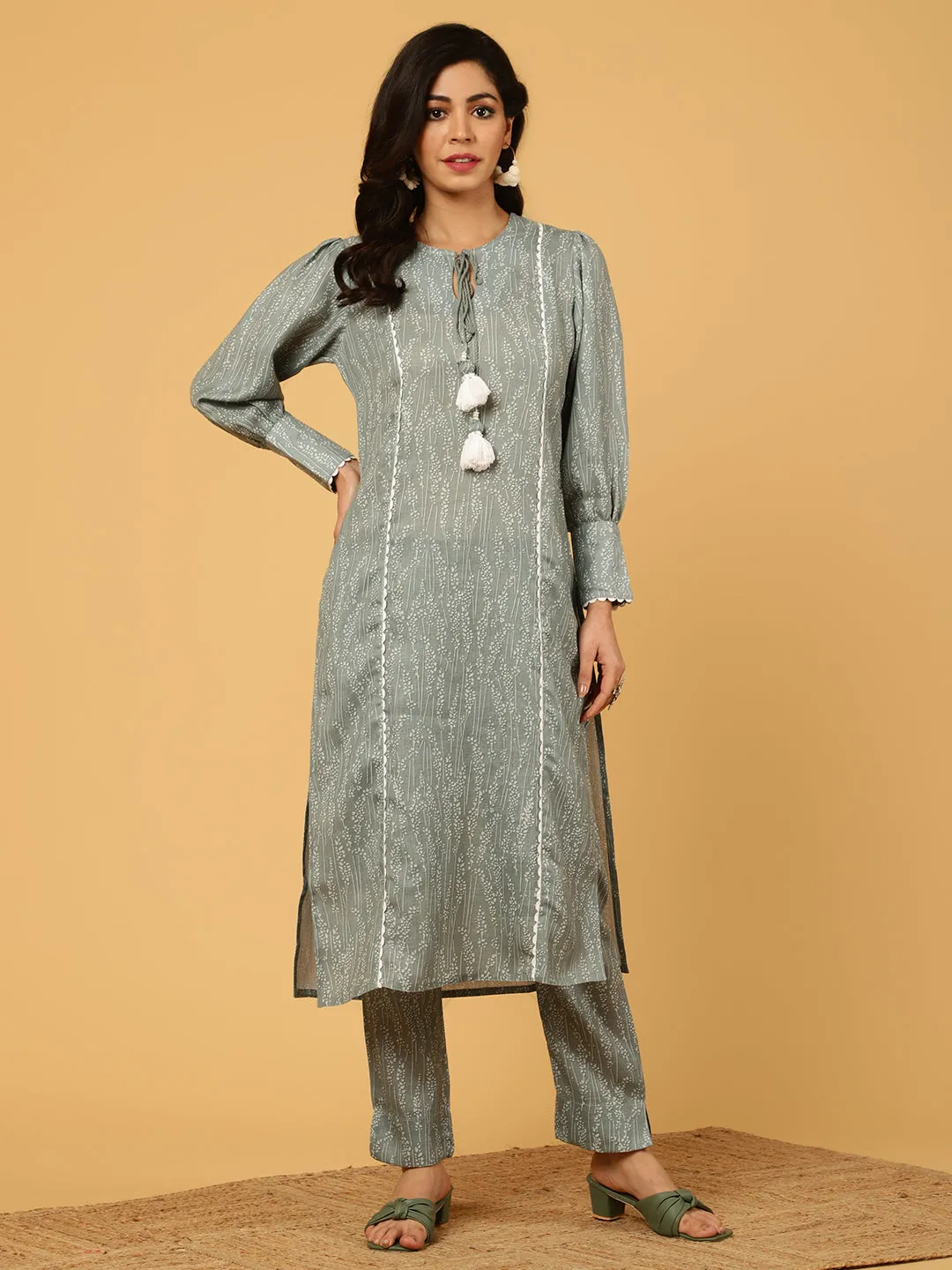 Grey Abstract Printed Straight Kurta With Pants