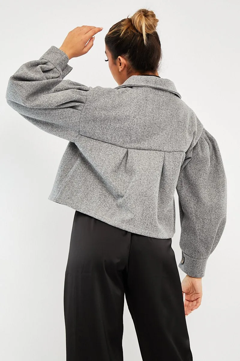 Grey Cropped Balloon Sleeve Shacket - Lexia