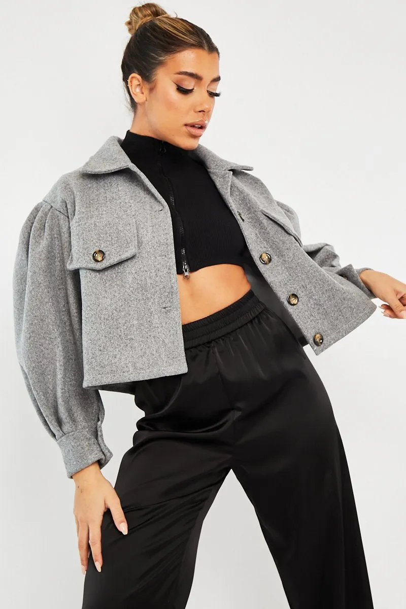 Grey Cropped Balloon Sleeve Shacket - Lexia