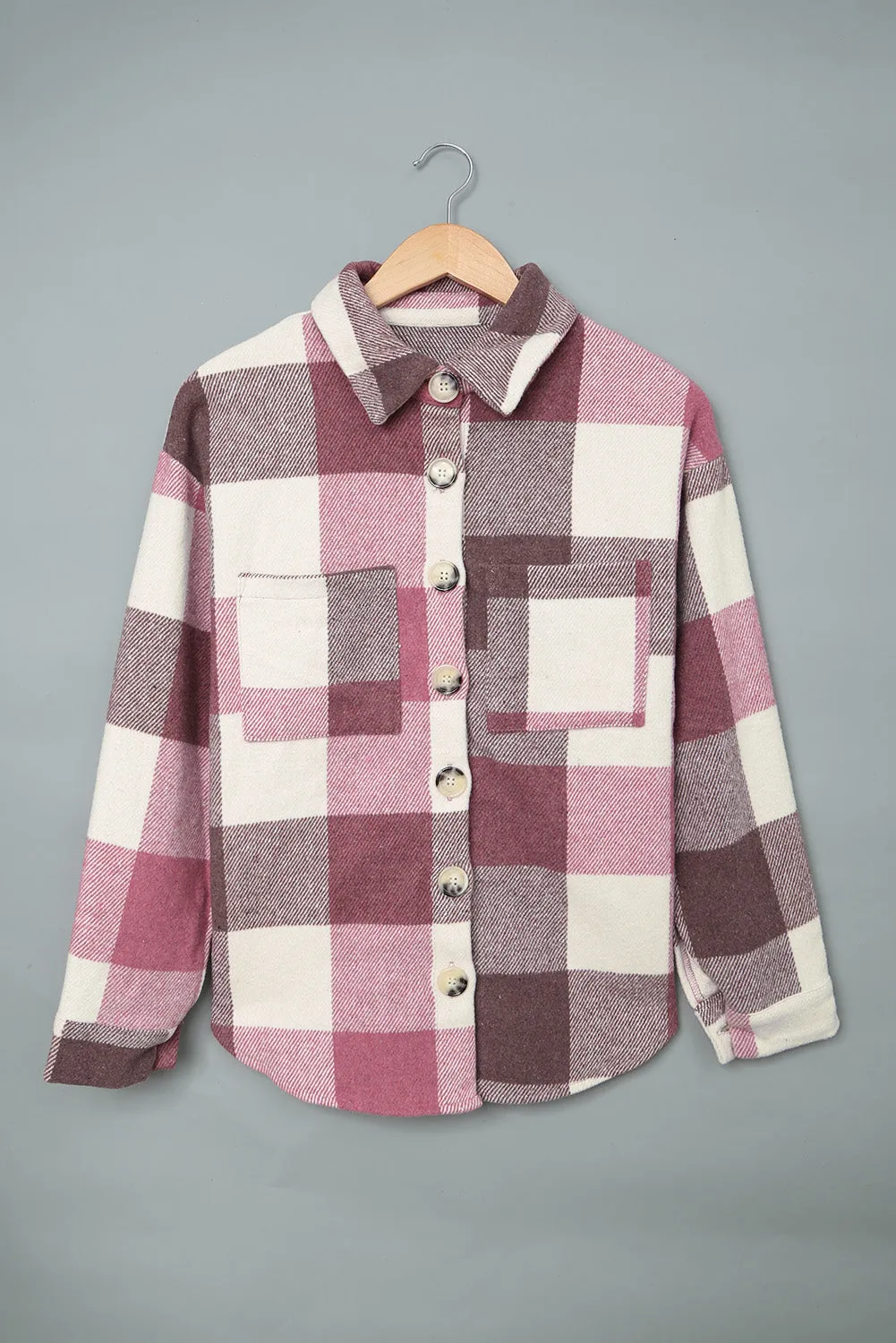 Grey Plaid Color Block Pockets Buttoned Shacket