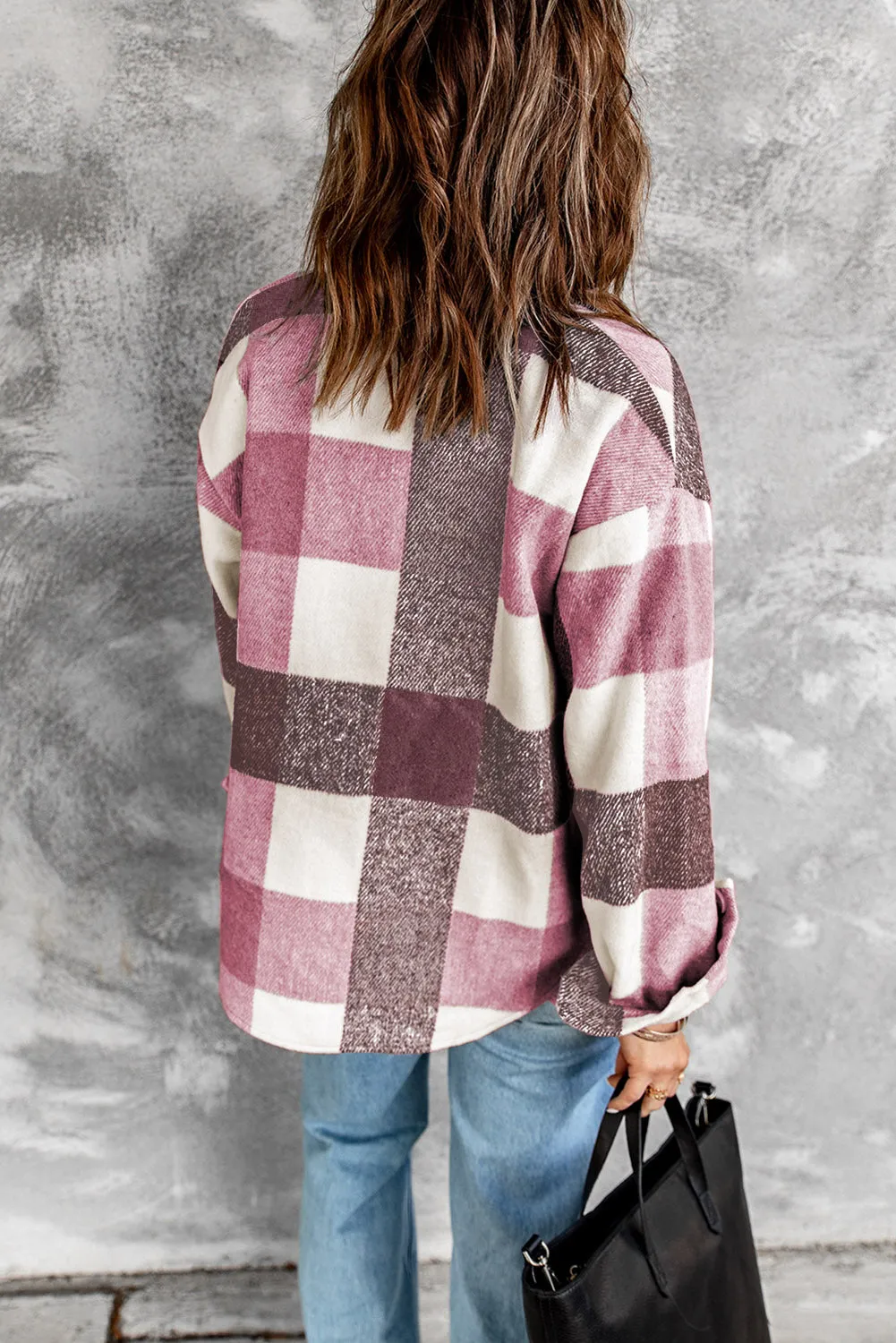 Grey Plaid Color Block Pockets Buttoned Shacket